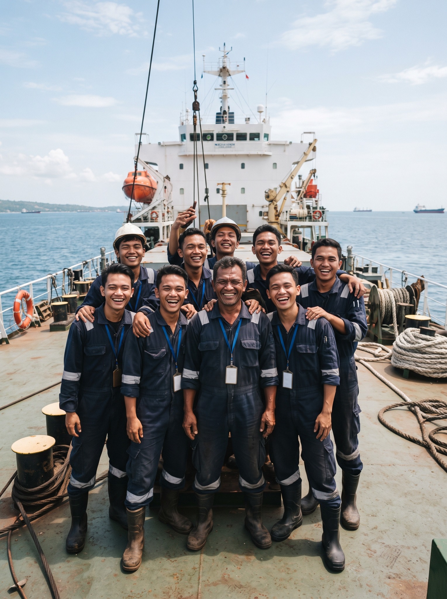 Happy Indonesian ship crew on board a vessel